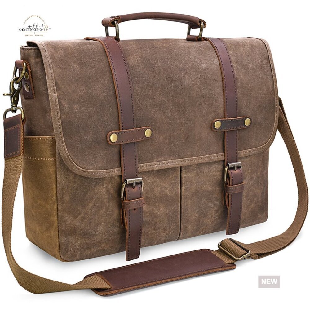 15.6 Inch Laptop Messenger Bag Waterproof Leather Canvas Briefcase Satchel